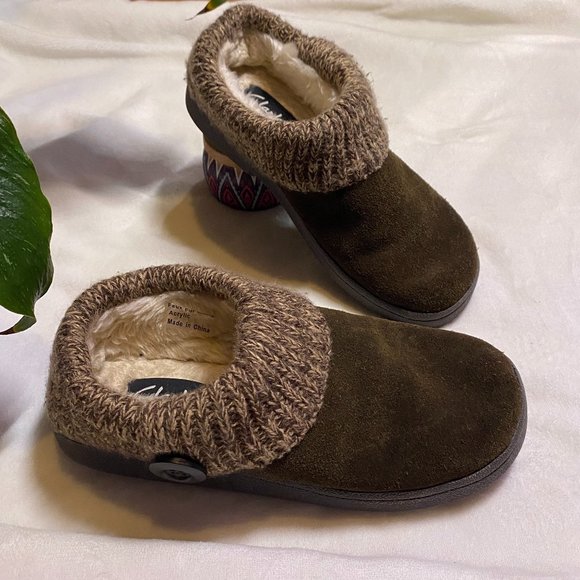 Clarks Shoes - Clarks Leather Clog Slipper Shoe Knit Collar Faux Fur Lined Brown Womens Size 6